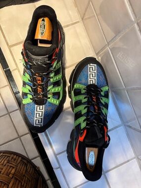 Versace Multicolor Graphic Chain-Style Sneakers in Black, Blue, Green & Orange